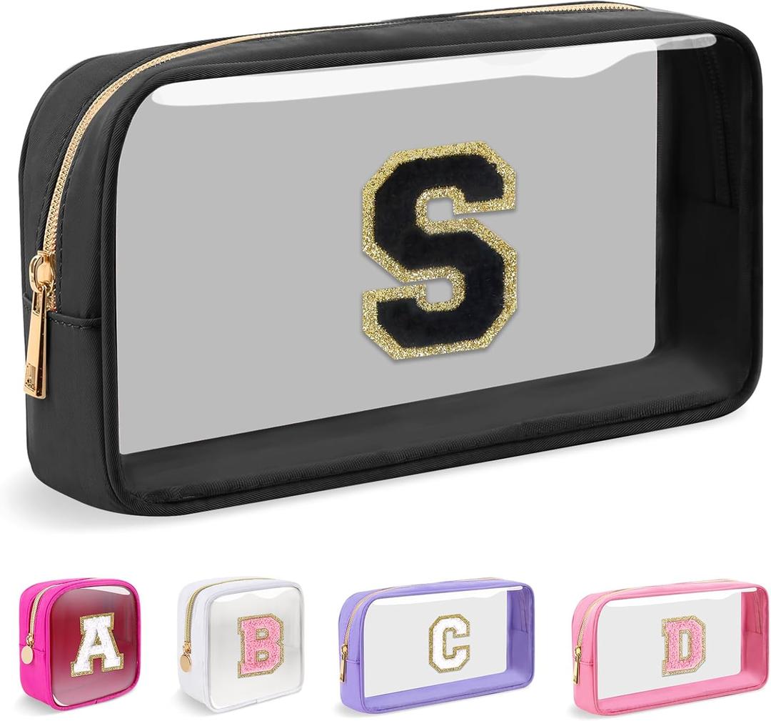 Small Clear Personalized Initial Makeup Bag,Nylon Preppy A-Z Chenille Letter Patch Cosmetic Pouch Beach Toiletry Bag,Waterproof Zipper Travel Purse Storage Bag Organizer for Women Girls (Black, S)