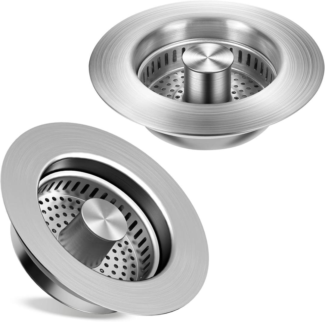 Kitchen Sink Drain Strainer 2 Pack, 304 Stainless Steel Pop Up Sink Stopper, Anti-Clogging Sink Drain Strainer for US Standard Kitchen Drain (Sus304 Brushed-2 Pack)