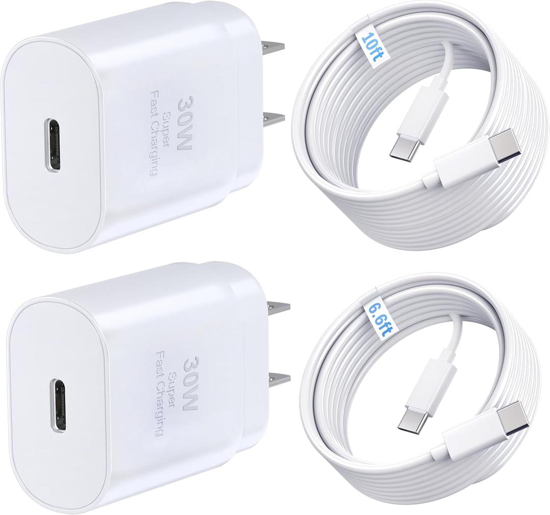 iPhone 15 16 Charger, 30W Super Fast Charging, USB C Block Type C Cable Cord [ 6.6ft + 10ft ] for iPhone 16,16 Plus,16 Pro,16 Pro Max, iPhone15, iPad Pro 12.9/11, Galaxy S25, S24,S23-2Pack (White)