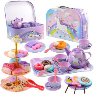 Motiloo 48Pcs Tea Set for Little Girls,Kids Pretend Toy Tin Tea Set and Carrying Case,Rainbow Magic Unicorn Design for Girls Princess Boys 3-6