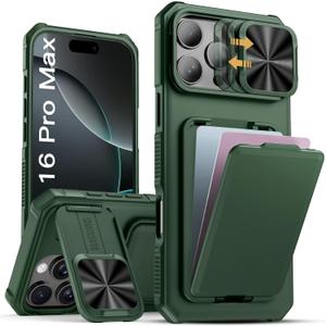 SSLOTSCASE for iPhone 16 Pro Max Case with Card Holder & Camera Cover Stand & Slide Lens Cover, Multifunctional Rugged Wallet Phone Case Cover for iPhone 16 Pro Max 6.9'', Green