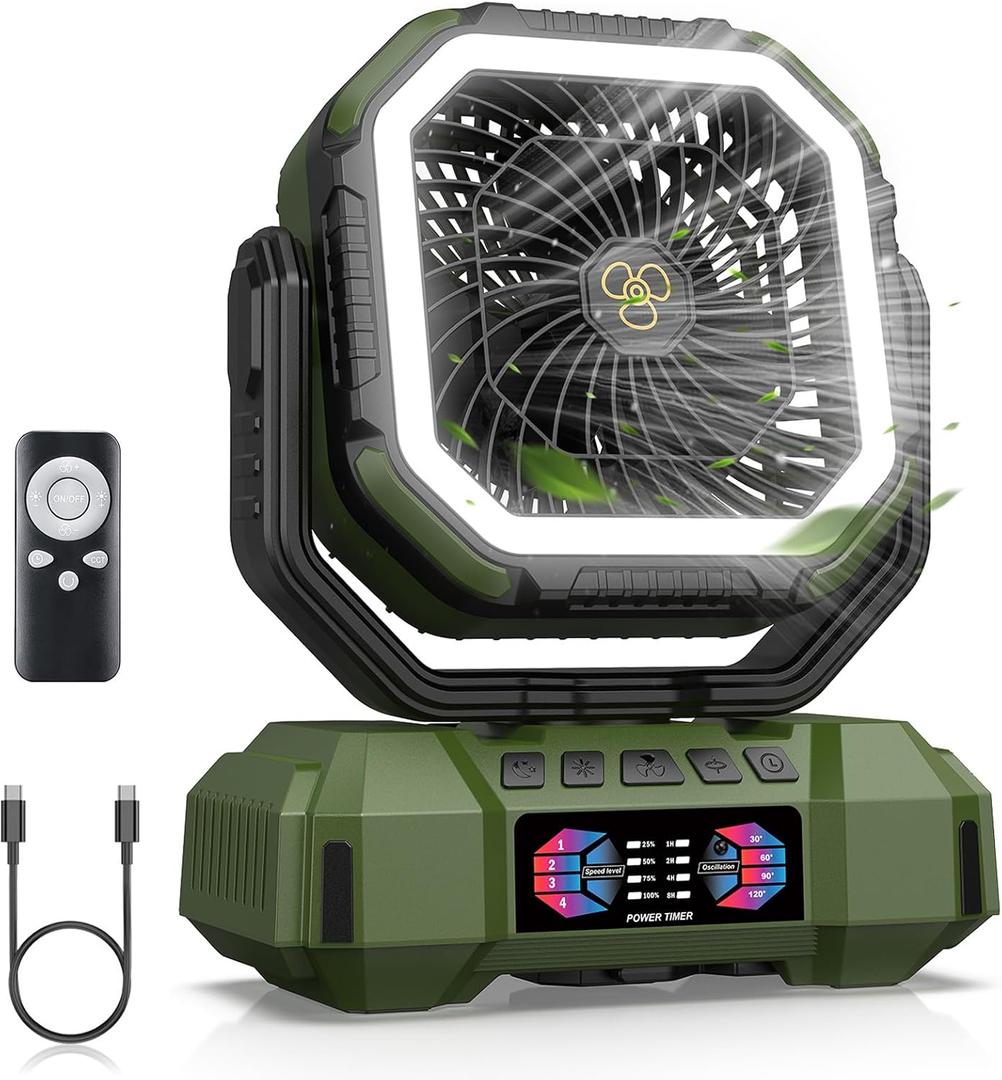 Portable Camping Fan 40000mAh Battery Powered, Rechargeable Camping Fan with Remote & LED Light, 4 Speed Strong Airflow & 3 Colors Light for Desk/Outdoor/Tent/Camping/Fishing, Army Green