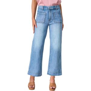 Allimy Women's High Waisted Cropped Wide Leg Jeans Stretchy Loose Denim Pants with Front Patch Pockets (Blue)