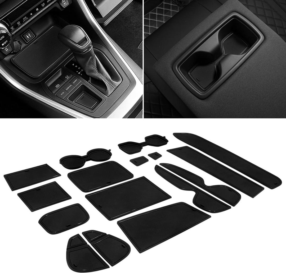 for Toyota RAV4 Accessories 2025 2024 2023 2022 2021 2020 2019 and 2021-2025 RAV4 Prime Custom Fit Cup Holder Center Console and Door Pockets Mat Pad (17Pcs Set, Black Trim)