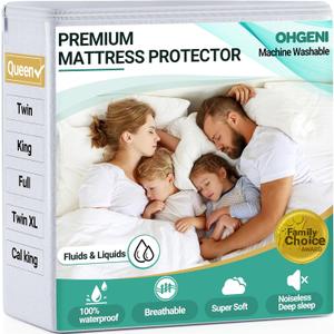 OhGeni 100% Waterproof Mattress Protector, Queen Size, Fitted Sheet with Deep Pockets, 6''-18'', Premium Noiseless Breathable Soft Material, Mattresses Cover for Bed (White)