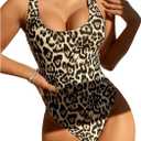 Floerns Women's Leopard Backless Scoop Neck High Cut One Piece Swimsuit, Small