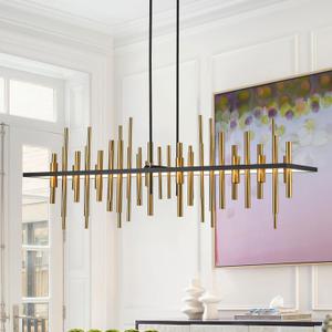 Rectangular Modern Industrial Black Gold Chandelier for Dining Room, LED Pendant Light Fixture for Kitchen Island Over Table 1.8 M(70In)