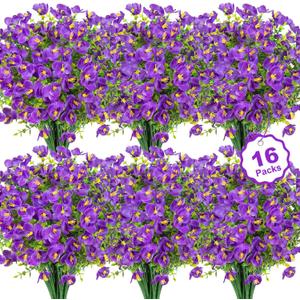 16 Bundles Artificial Flowers for Outdoors Decoration, Fake Pansy Flowers UV Resistant Silk Faux Pansies Spring Plants for Outside Planter Window Box Front Door Yard Home Decor, Purple