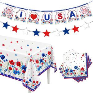 DPKOW 23Pcs 4th of July Banner Tablecloth Napkins Patriotic Decorations Fourth of July Bunting Banner 250th Anniversary American Tablecloth Napkins Memorial Day Decor Veterans Day Party Supplies