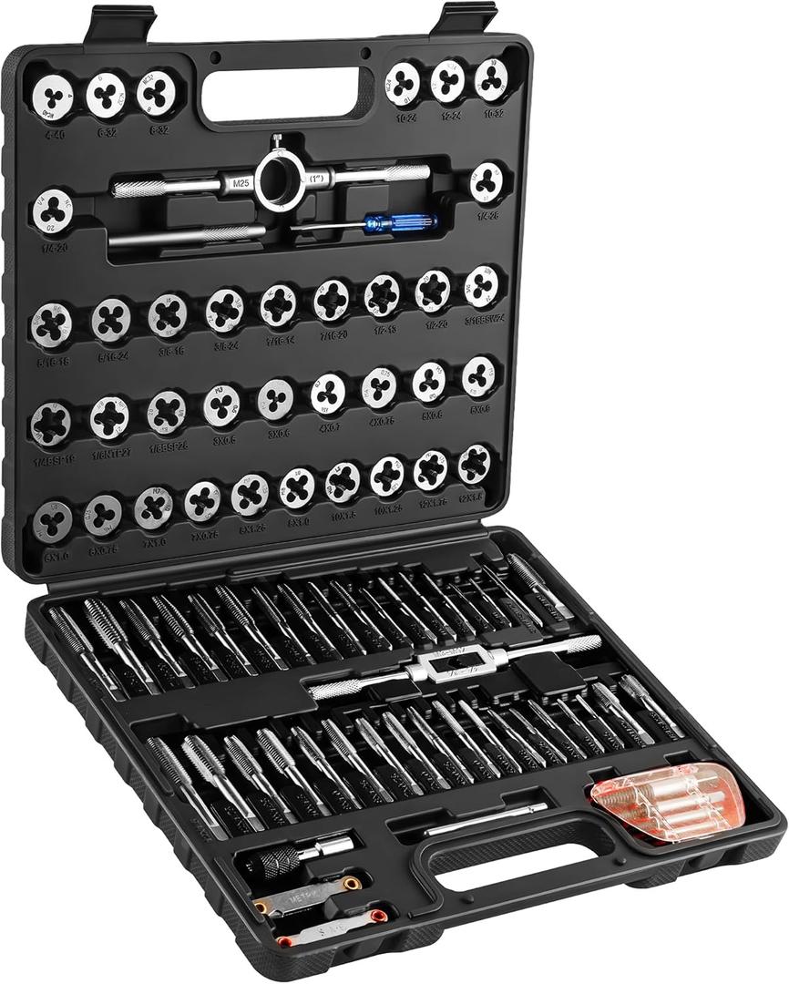 Anfrere 84pc Tap and Die Set in SAE & Metric Sizes, Standard Tap Set and Die Tool Set for Threading and Rethreading Internal and External Threads, M3-M12 Thread Repair Kit