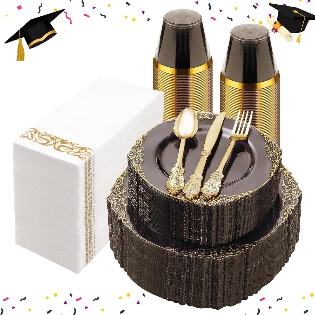 Bestluck 350PCS Clear Black Plastic Plates for 50 Guests, Disposable Plates with Gold Trim include 50 Dinner and Dessert Plates, 150 Gold Silverware, 50 Cups, 50 Napkins for Party & Graduation