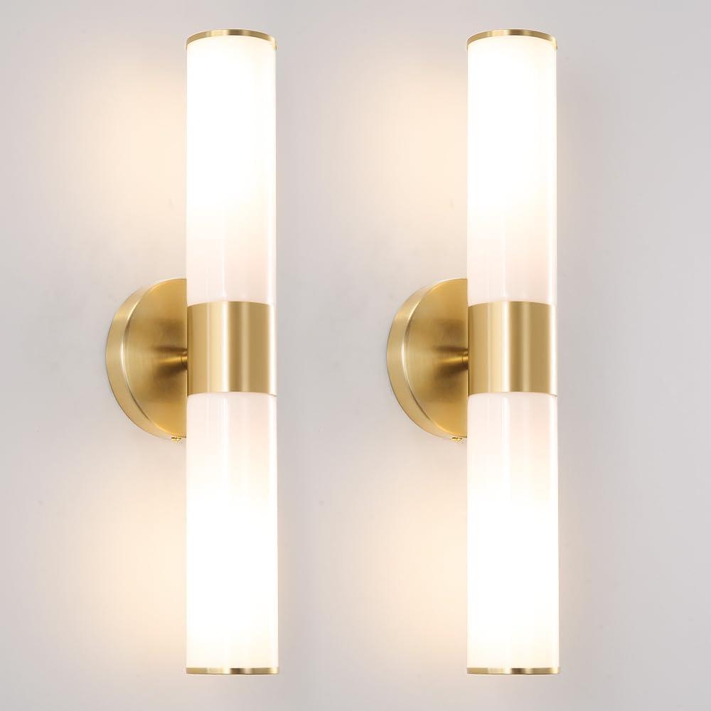 Gold Bathroom Wall Sconces Set of 2, Brass Wall Sconce with Mikly White Glass Shade, Modern Sconces Wall Lighting, Vanity Light Fixtures, Wall Lights for Mirror Living Room Bedroom Hallway Stairs