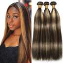 BilltiiWW P1B27 Straight Bundles Two Tone 1B and 27 Straight Bundles Brazilian Hair Weave Soft and Silky for Black Women 20 22 24 Inch (#P1B27 Blonde-ST