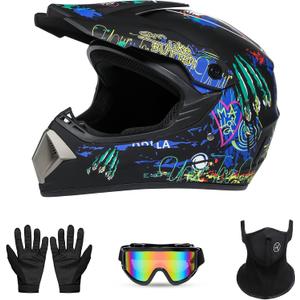 Motorcross Helmet, Off-Road Dirt Bike Helmet, ATV Helmet, Youth Motorcycle Helmet, Unisex Full-face Helmet, Comfortable and Lightweight, FMVSS-218 Safety Certified,4 Piece Set (Small)