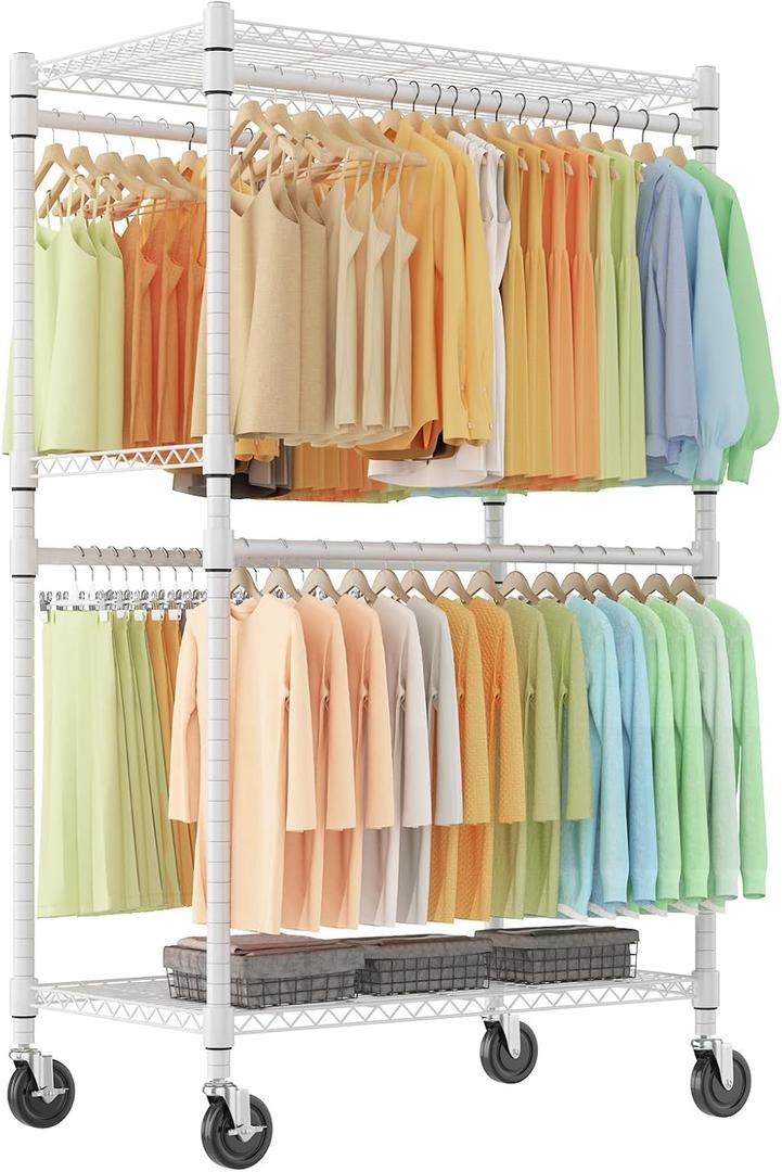 Himimi Double Rods Clothes Rack Heavy Duty, Adjustable Metal Garment Rack with Wheels, Portable Clothing Rack for Hanging Clothes, Closet Rack for Bedroom Laundry Room, 35.5" W×20.5" D×80.5" H, White