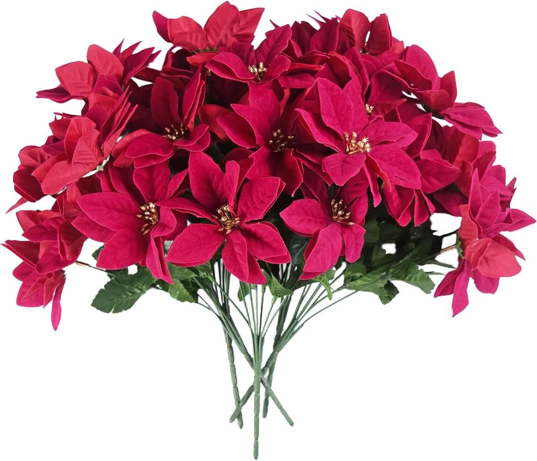 Kinisty 5Pcs Poinsettias Artificial Christmas Flowers Red Fake Silk Poinsettia Floral Bouquet 7 Heads, Faux Xmas Flowers for Christmas Tree, Window Box, Planter, Pots, Indoor Outdoor Decorations