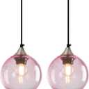 Pink Glass Pendant Lights Kitchen Island Globe Pendant Light Fixtures Modern Pendant Lighting for Bedroom Living Dining Room Light Fixture (5.9 in, 2 Pack)