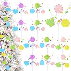12 Pcs Christmas Tree Ornaments Candy Land Macaron Lollipop Pastel Christmas Tree Toppers Picks Filler Decorations for Wreath Vase Home Party Candyland Decor