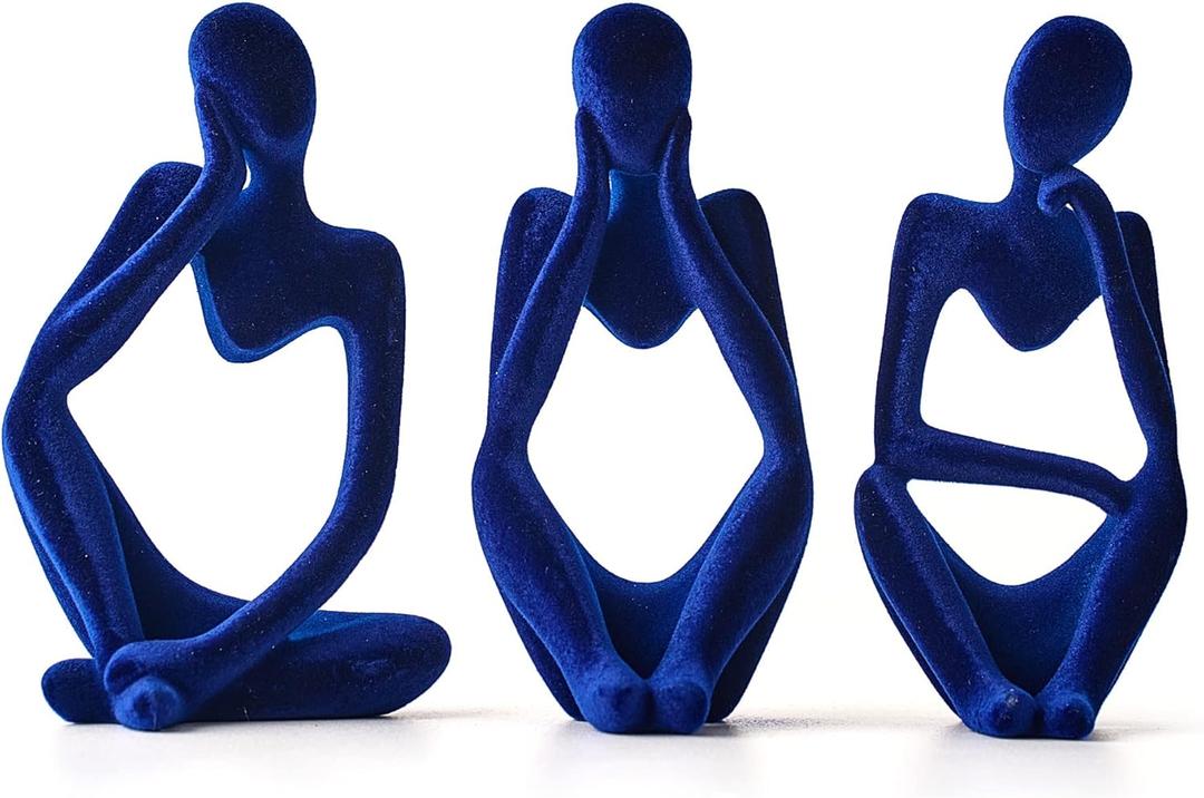 FJS Living Room Decor: Flocked Thinker Statue, 4.7" H Navy Blue Abstract Art Sculpture - Set of 3 for Home, Office, Shelf, Table Decoration