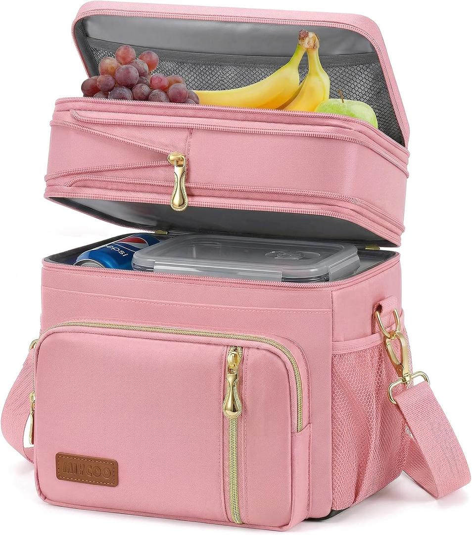MIYCOO Lunch Bag & Lunch Box for Women Men Double Deck - Leakproof Insulated Soft Large Adult Lunch Cooler Bag for Work, Beach, Picnic, Camping, Travel (Pink,15L)