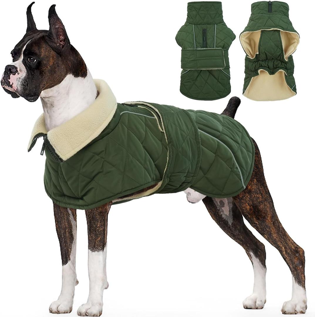 Kuoser Dog Winter Coat Waterproof Dog Snow Jacket, Warm Fleece Lined Pet Turtleneck Snowsuit Puppy Cold Weather Coats with Harness Hole, Adjustable Winter Vest for Medium Large Dogs, Green, L (Large (Chest: 52 - 62CM / 20.47" - 24.4"))