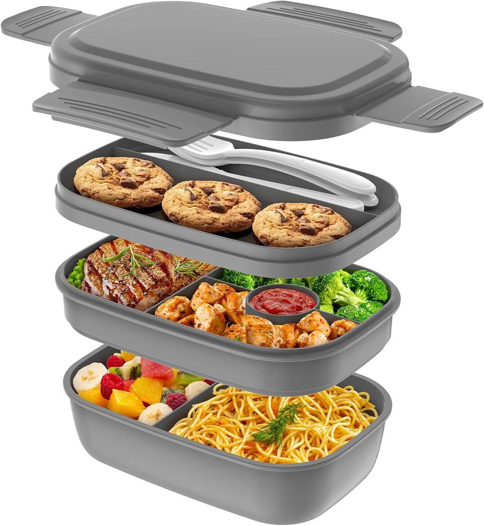 Bento Box Adult Lunch Box,3 Stackable Bento Lunch Containers for Adults/Kids, Modern Minimalist Design Bento Box with Utensil Set, Leak-Proof Lunchbox Bento Box for Dining Out, Work, Picnic, School (Gray)