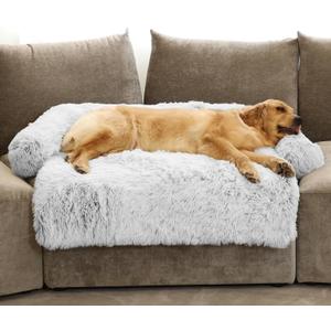 Calming Dog Bed Fluffy Plush Dog Mat for Furniture Protector with Removable Washable Cover for Large Medium Small Dogs and Cats (Extra Large (53x39.3x6), Light Grey)