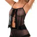 DESTTY Sexy Sheer Mesh Babydoll Lingerie for Women Lace Chemise Bow Ties Cami Shorts Set 2 Piece Camisole Pajamas (Black, XL)