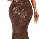 VERWIN Sequins Fashion Sleeveless Oblique Collar Mermaid Women's Maxi Dress Bodycon Dress Party Dress (Large, Brown)