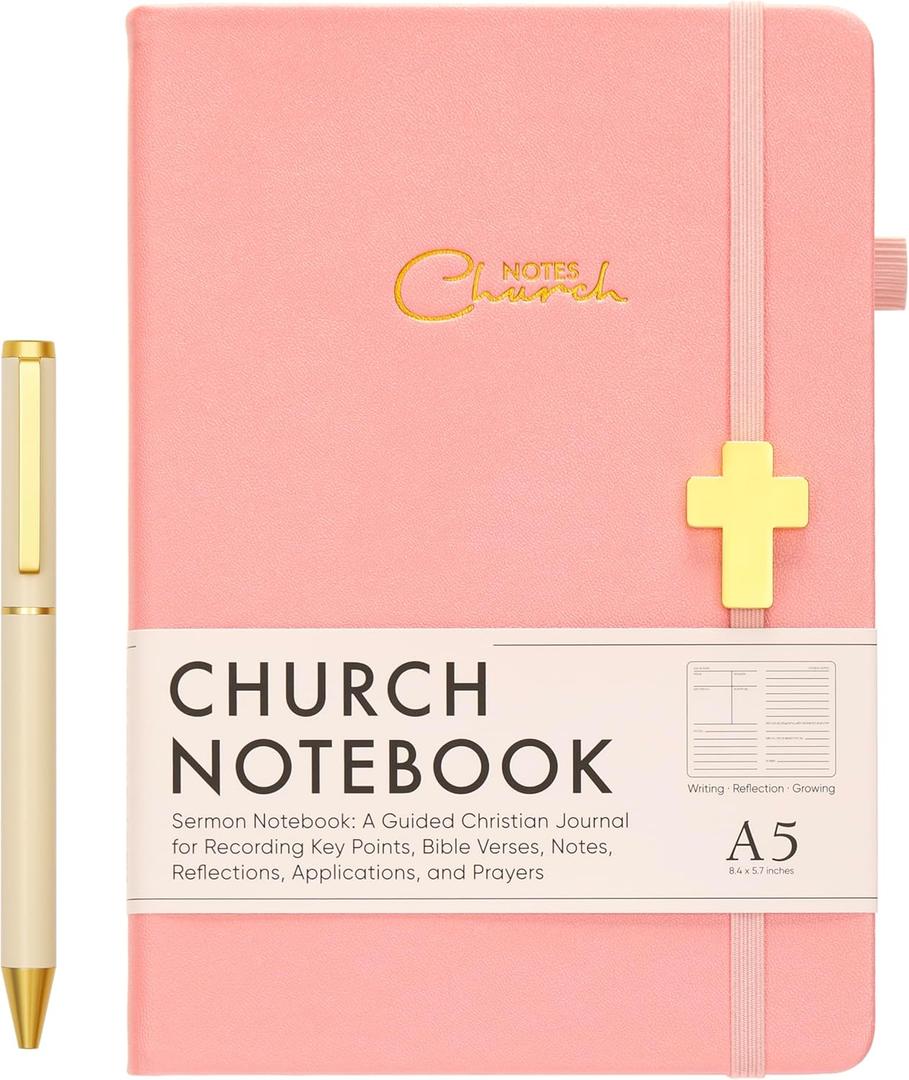 Sermon Notes Notebook with Pen & Gift Box, Guided Church Bible Journal for Christians, A5 Leather with Gold Cross | 240 Thick Pages for Study, Reflections & Prayer Notes, Pastor Gifts