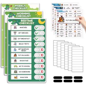 3 in 1 Upgraded Slider Bedtime/Morning/Weekly Routine Chart for Kids, Magnetic Chore Chart for Kids with Cute Chore Stickers, Cute Visual Schedule for Kid