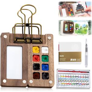 Mini Paint Palette Travel Kit - Mini Travel Watercolor Palette Set, Pocket Artist Water Color Travel Set, Pocket artist Drawing Board Paint Palette Travel Kit with Brush (Walnut-8 Grids)