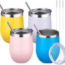 12oz/4 Pack Wine Tumbler Glasses with Lid Stemless Double Wall Vacuum Stainless Steel Travel Tumbler Keeping Cold & Hot for Wine,Coffee,Cocktails,Christmas Drinks-Family and Gifts(Multi color-7)
