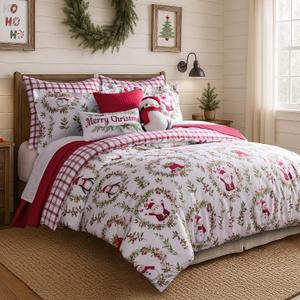 Levtex Home - Pine & Plaid Comforter Set - Full/Queen Comforter (90x94in.) + Two Shams (20x26in.) - Holiday Wreaths - White Red Green - Reversible - Polyester