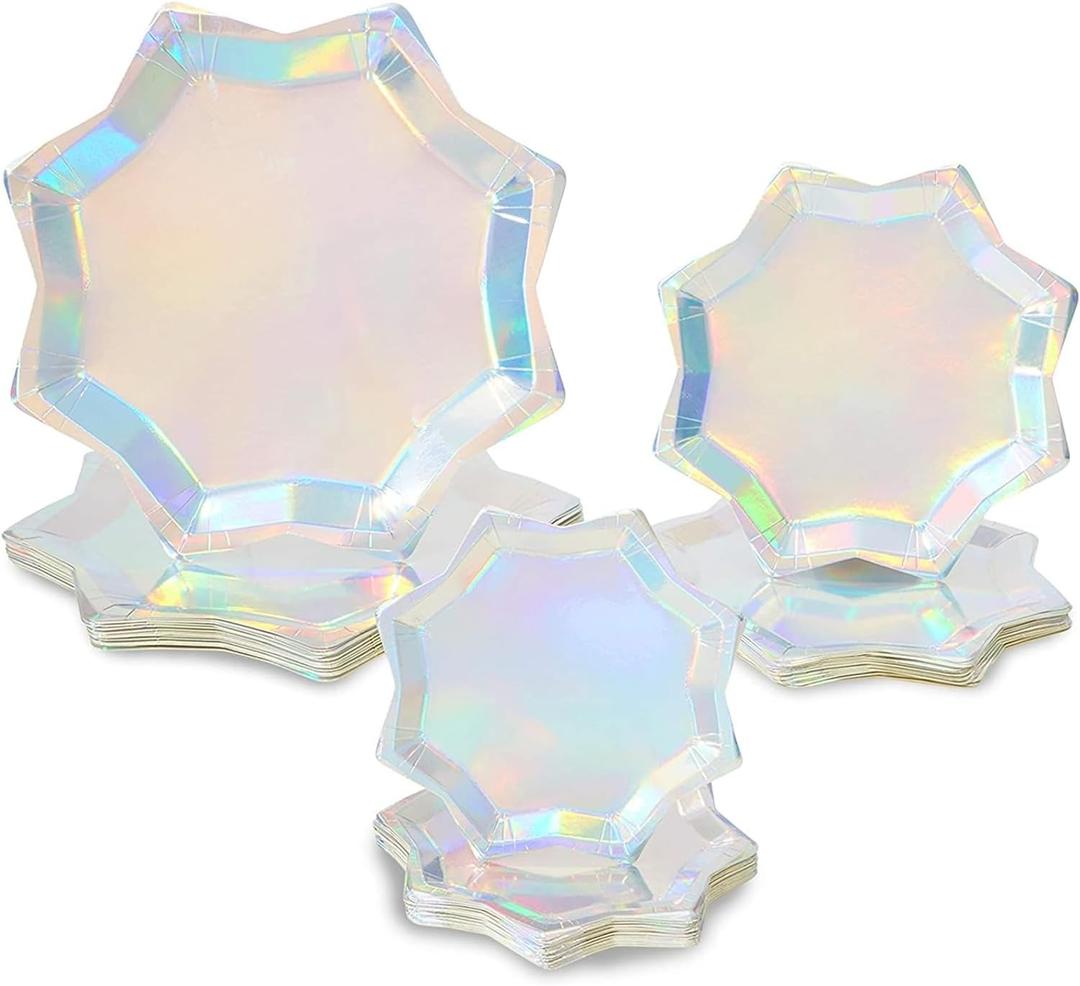Sparkle and Bash 72 Pack Holographic Octagon Shaped Party Plates in 3 Sizes (72 Pack)