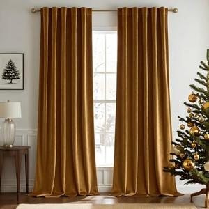 Woaboy Back Tab & Rod Pocket Velvet Curtains 84 Inches Long 2 Panels Set, Gold Brown Classical Thermal Insulated Light Blocking Window Drapes for Bedroom Living Room Nursery Privacy, W52 x L84