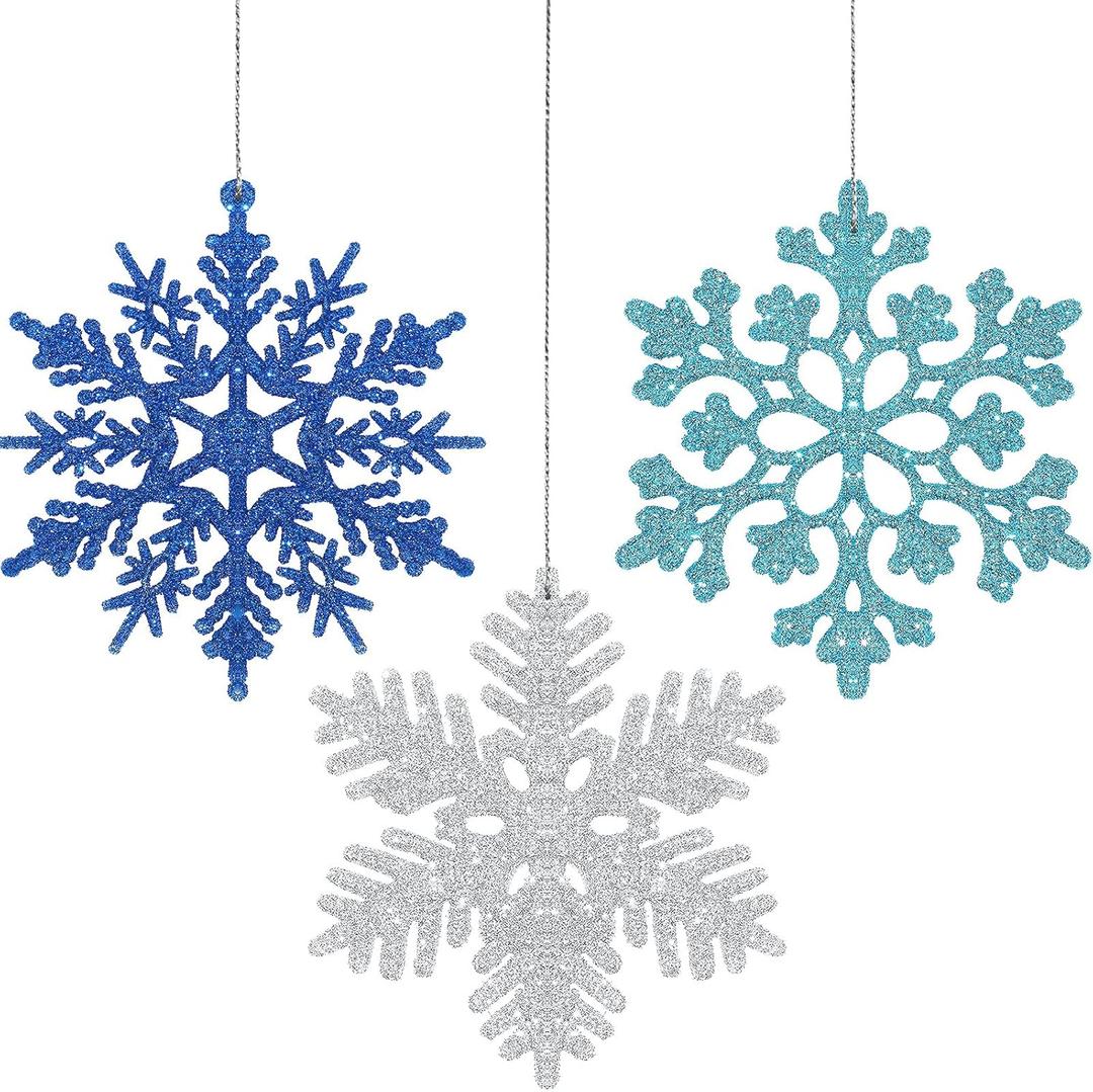 36 Pieces Glitter Snowflake Christmas Decorations Winter Flakes Ornaments Plastic Snowflakes Christmas Tree Hanging Snowflake Decorations for Xmas(Lake Blue, Royal Blue, Silver)