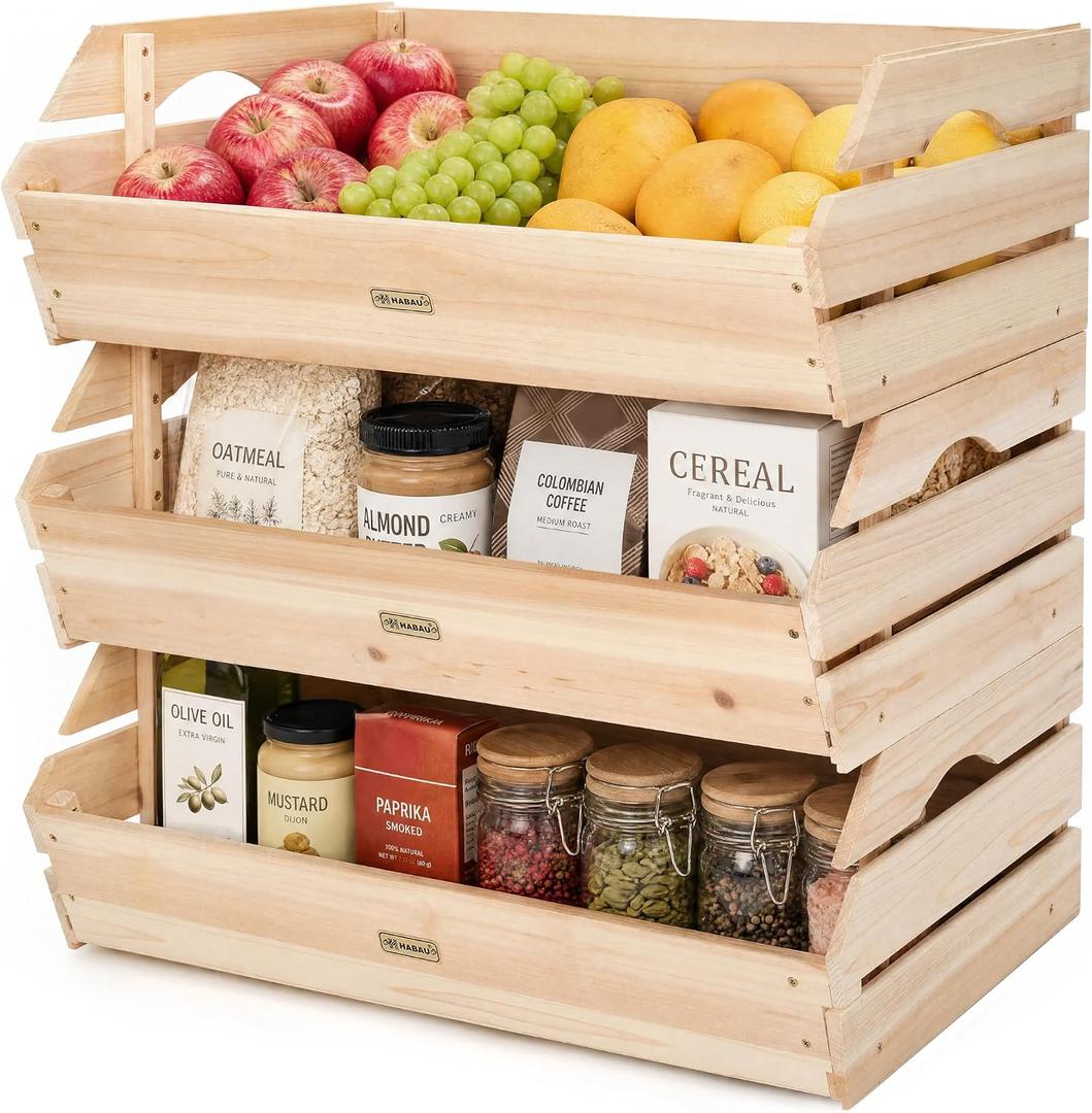 HABAU Stackable Wooden Storage Crates, Rustic Farmhouse Wood Bins with Handles, Decorative Home Organizer for Produce, Potatoes, Onions, Snacks, 3 Pack