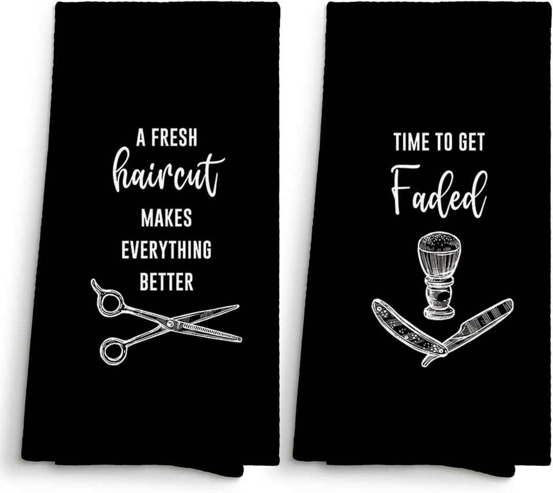 Black Barber Barbershop Decor Hand Towels 16x24 Set of 2, Dish Towels Cloths Dishcloths Tea Towel Gifts for Barber Hairstylist Hairdresser, Hair Haircut Shop Salon Bathroom Kitchen Hand Towel