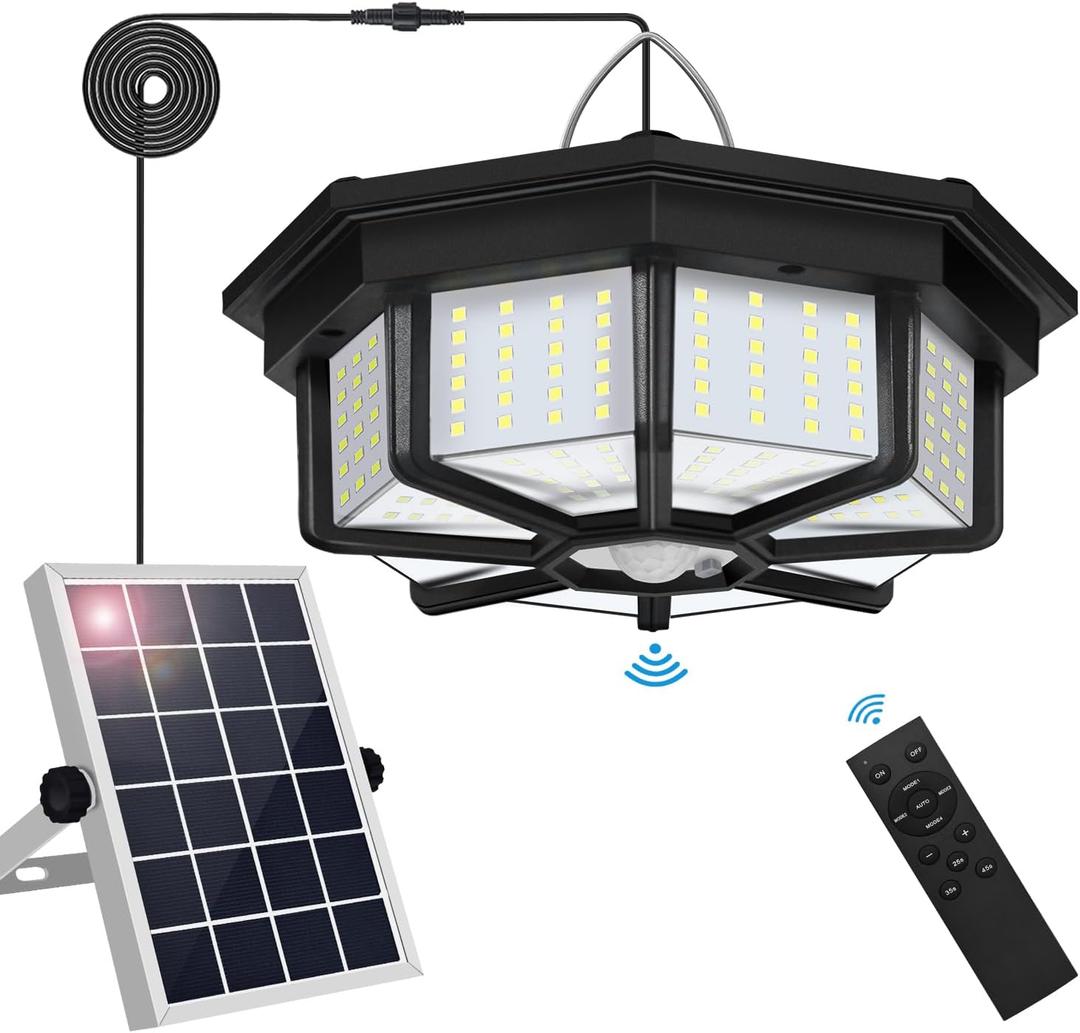 Solar Shed Light Indoor Outdoor, Aqonsie 288LED Solar Powered Motion Sensor Pendant Light Daytime Available, Solar Indoor Lights with 5 Lighting Modes & Remote for Shed Gazebo Barn Garage Home (Black (1 Pack))