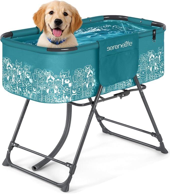 SereneLife Foldable Dog Bath Tub with Adjustable Height, 360° Access, Drain Hose & Storage Pockets – 130 lb Capacity Grooming Station for Indoor/Outdoor Use, Blue