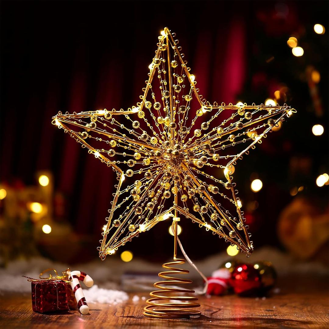Toyvian Christmas Tree Topper Star- Star Tree Topper Lighted with LED Wire Christmas Tree Decorations Christmas Tree Ornament Xmas Party Decoration (12 Inch,Golden)