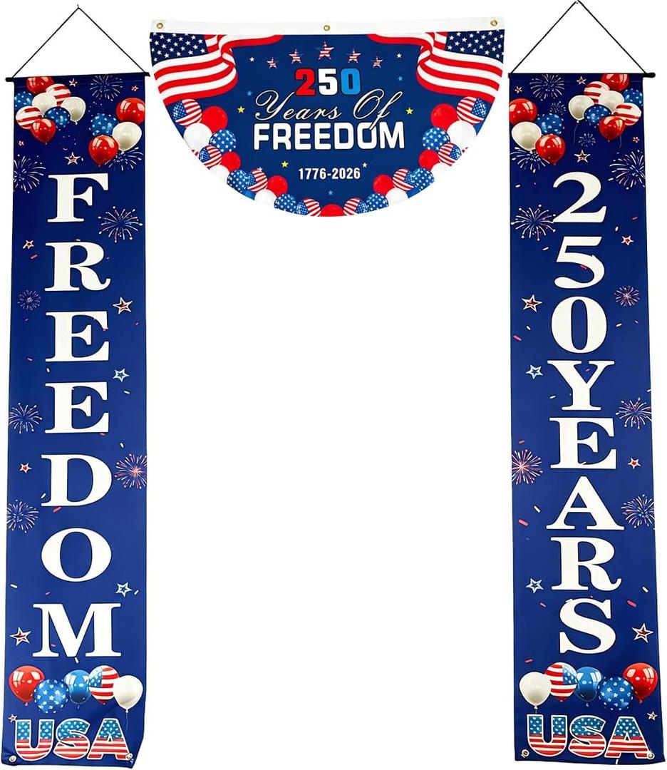 4th of July Patriotic Decorations Set Celebrate with 2Pcs American Flag Porch Signs with Stars and Stripes and 1Pcs Pleated Fan Flag for 250th Anniversary Day Outdoor Indoor (Blue)