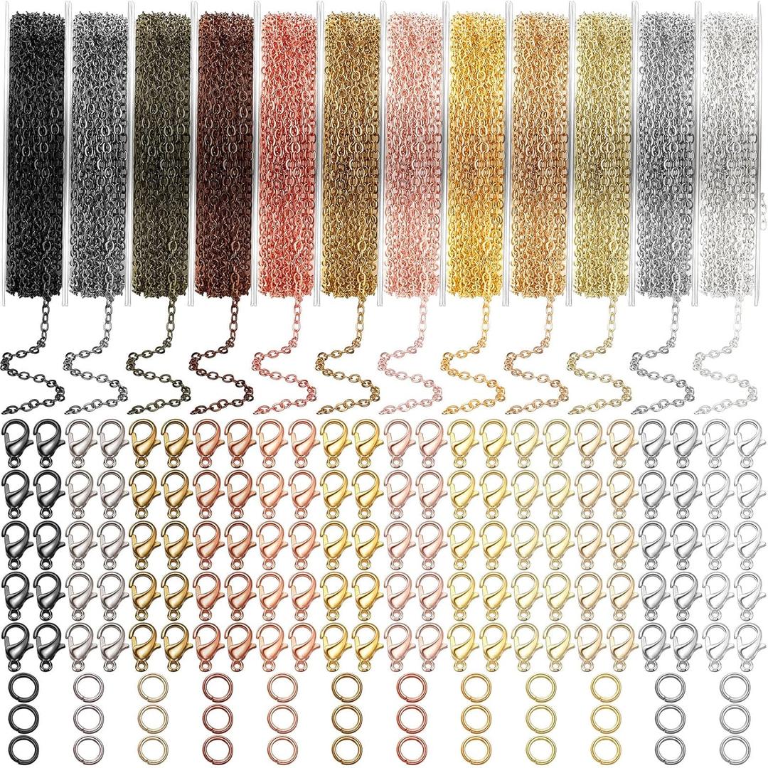 Kenning 12 Rolls 120 Feet 2 mm Jewelry Making Chains Link Roll Bulk 12 Colors Necklace Chains with 120 Lobster Clasps and 50 Jump Rings for DIY Earring Bracelet Jewelry Making Supplies