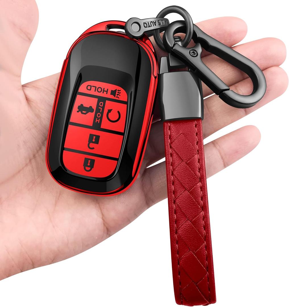 Sindeda for Honda Key fob Cover with Leather Keychain Soft TPU Full Cover Protection,for 2022 2023 2024 2025 Civic Accord HR-V Pilot CR-V,5-Buttons Key Fob Shell(Red)