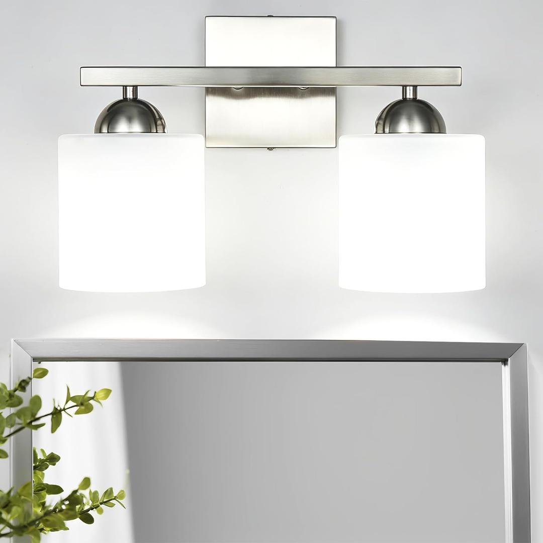 2 Light Brushed Nickel Vanity Lights for Bathroom, Modern Bathroom Light Fixtures Over Mirror, Vanity Light with Milky White Glass Shades, Farmhouse Wall Lights, E26 Socket