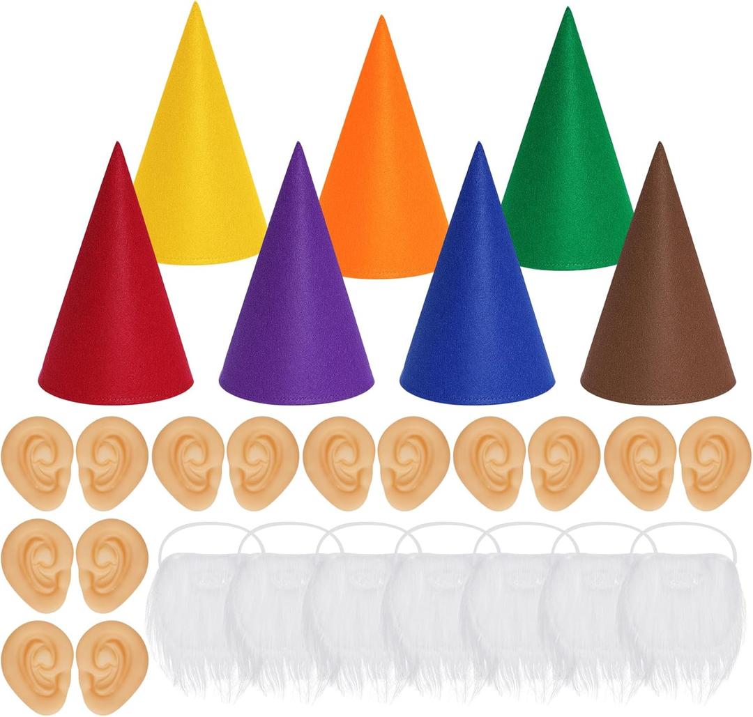 Bantoye 18 Packs Halloween Gnome Hat Set 7 Pcs Felt Dwarf Hats 5 Pcs White Fake Beards 6 Pairs Elf Ears for Christmas Cosplay