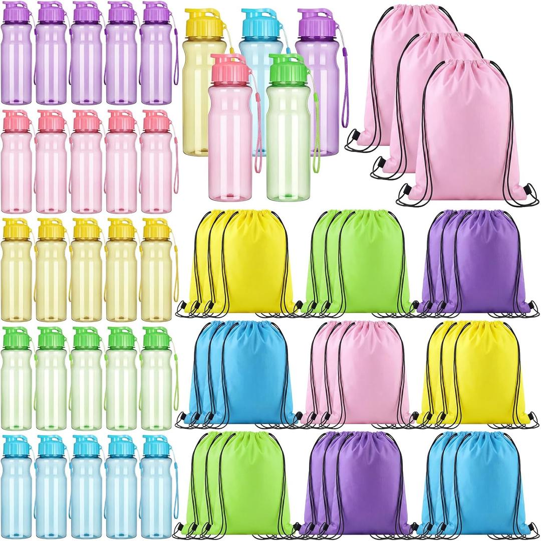 Tioncy 60 Pieces Plastic Water Bottles bulk and Drawstring Backpack Set for Adults Include 30 17 oz Sport Drink Bottles 30 Sport Gym Goodie Gift Bag for Outdoor Parties