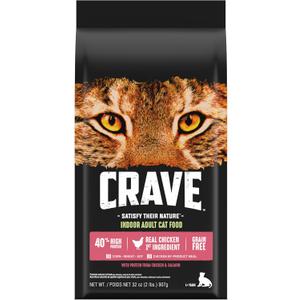 CRAVE Grain Free Indoor Adult High Protein Natural Dry Cat Food with Protein from Chicken & Salmon, 2 Lb. Bag (2 Pound (Pack of 1)), BB Date 01/30/2026