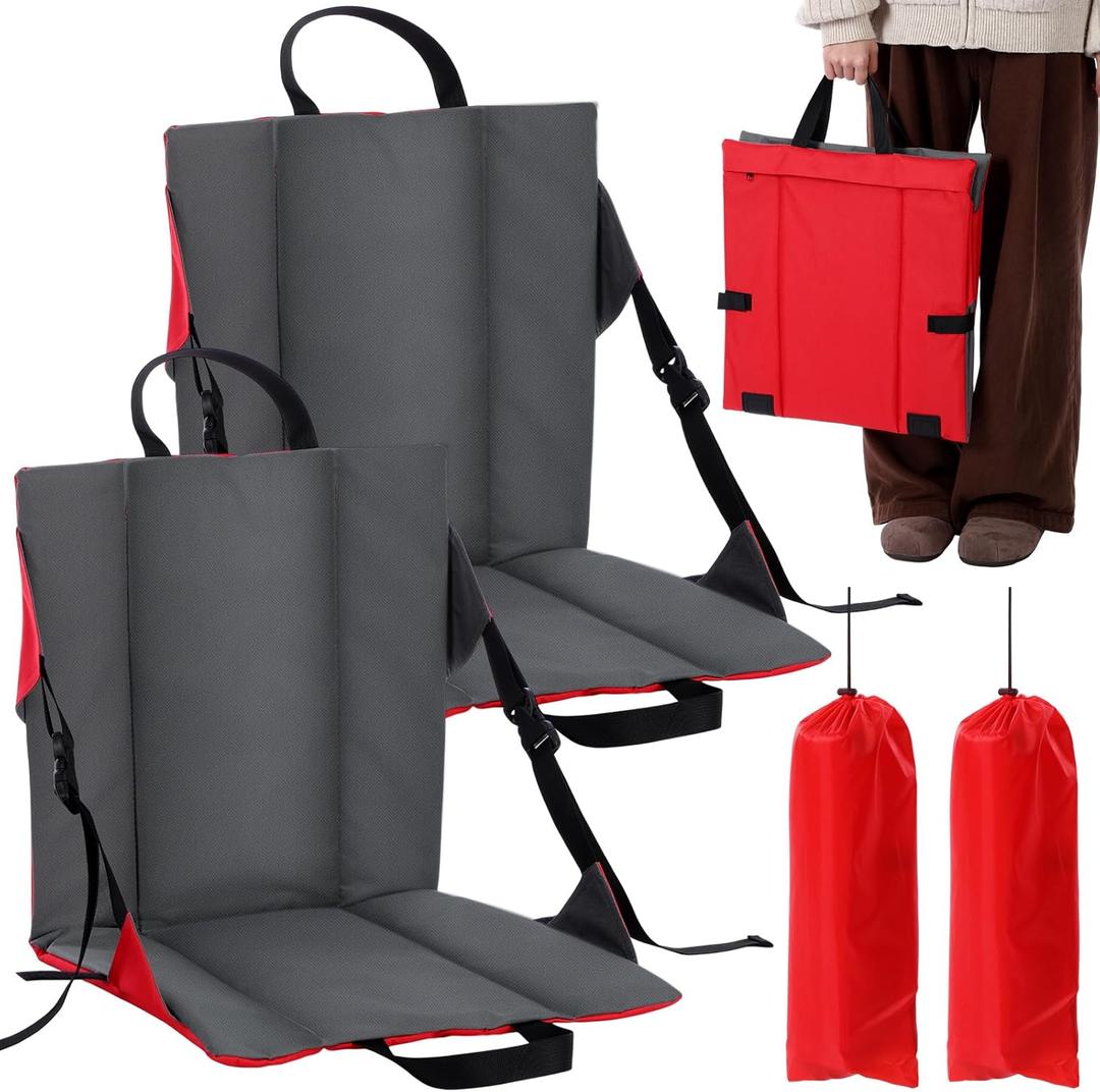 Briwooody 2 Packs Stadium Seats with Back Support Foldable Portable Bleacher Chairs with Adjustable Strap, Bleacher Chair with Back and Cushion for Sport Event, Hiking, Fishing, Camping